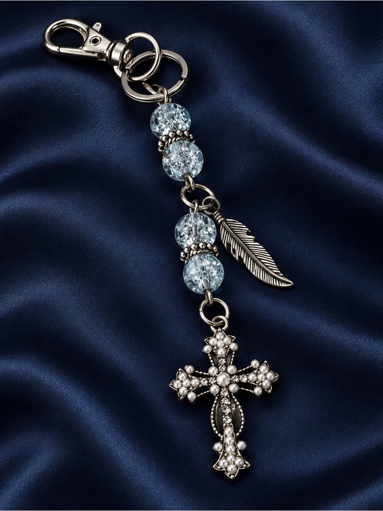 Handmade Other - Blue crackle glass beads/silver cross/feather charm/keychain